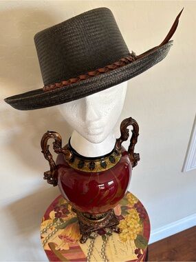 Fiesta Santa Barbara Black Braided Straw Hat with Brown Braided Band.